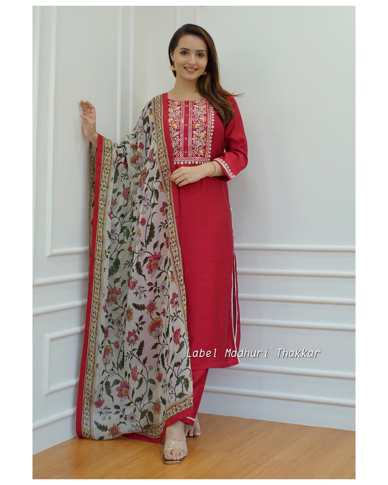 Red Threadwork Muslin Silk Suit