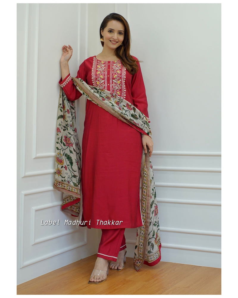 Red Threadwork Muslin Silk Suit