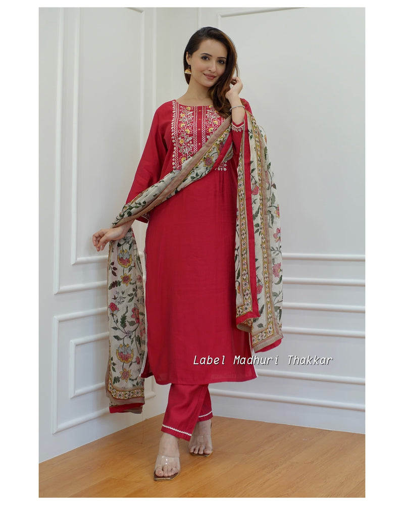 Red Threadwork Muslin Silk Suit