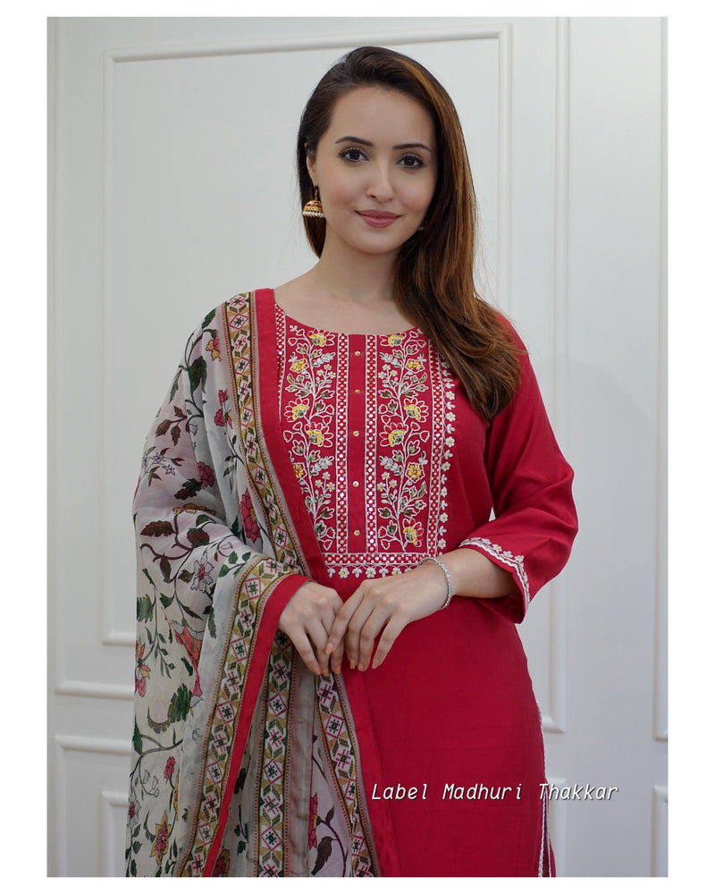 Red Threadwork Muslin Silk Suit