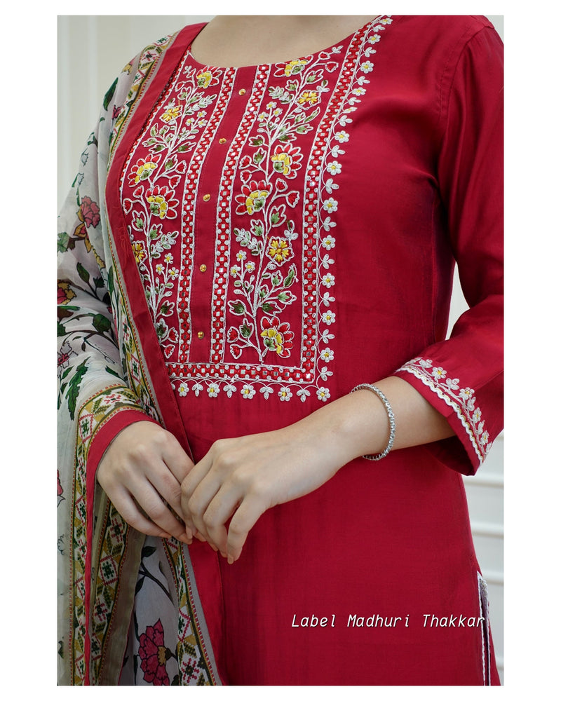 Red Threadwork Muslin Silk Suit