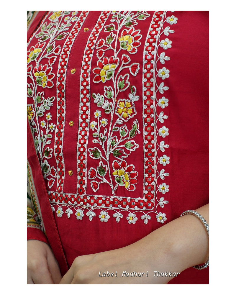 Red Threadwork Muslin Silk Suit