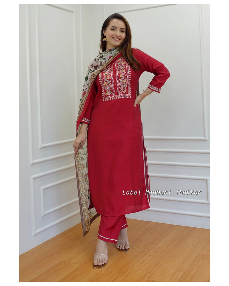 Red Threadwork Muslin Silk Suit