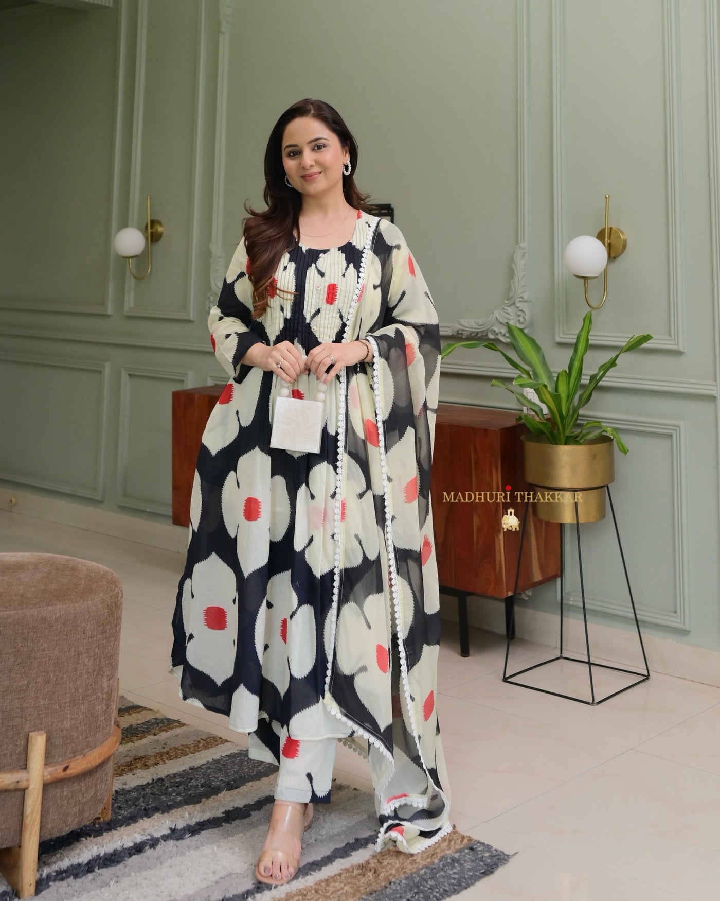 Black & Ivory Pintex Floral Cotton Suit