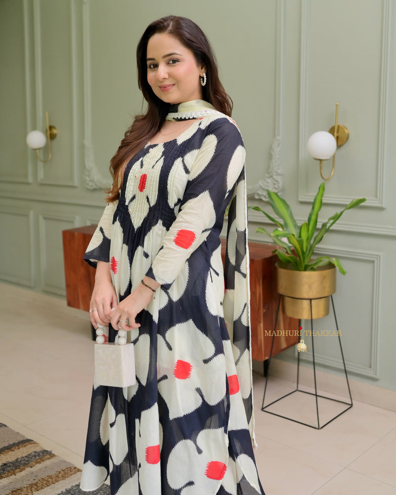 Black & Ivory Pintex Floral Cotton Suit