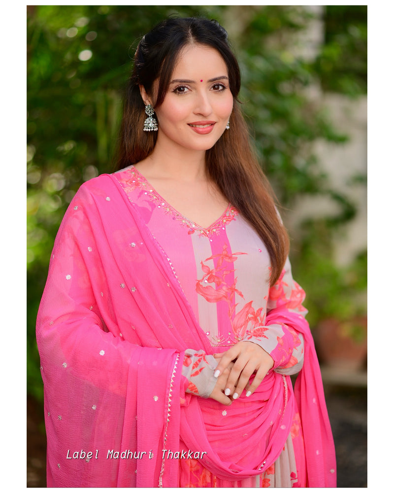 Shades of Pink Handwork Chinnon Suit