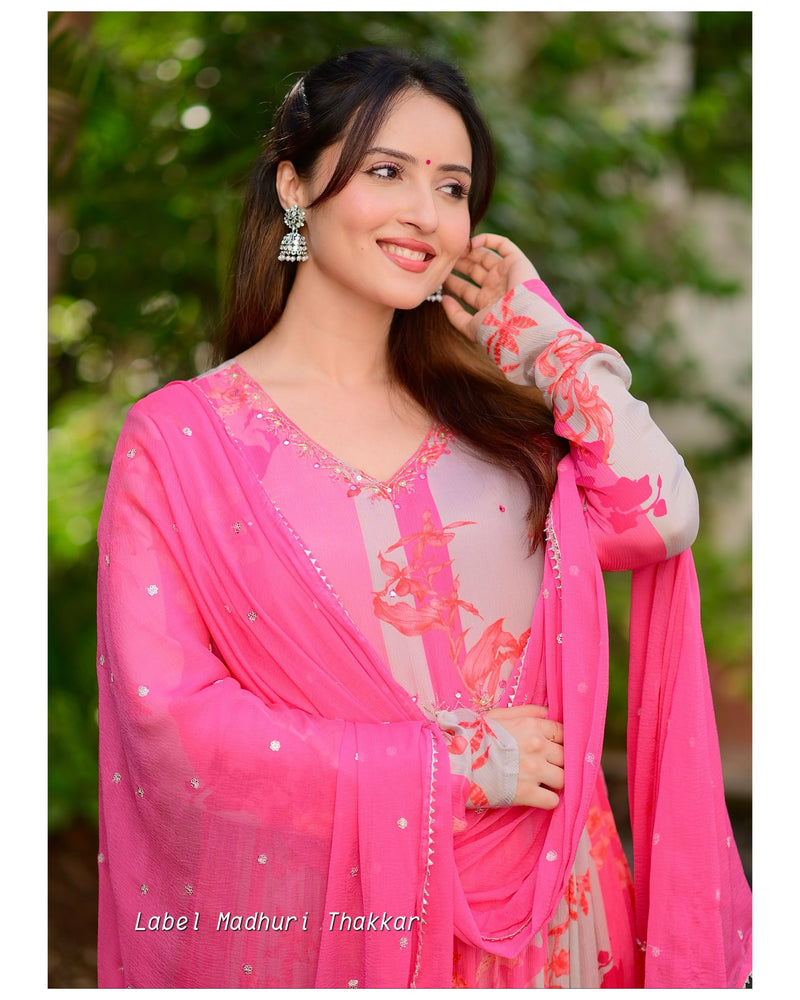 Shades of Pink Handwork Chinnon Suit