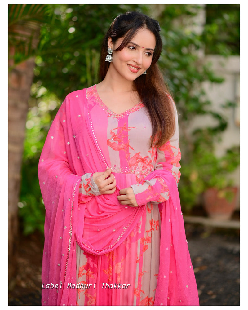 Shades of Pink Handwork Chinnon Suit