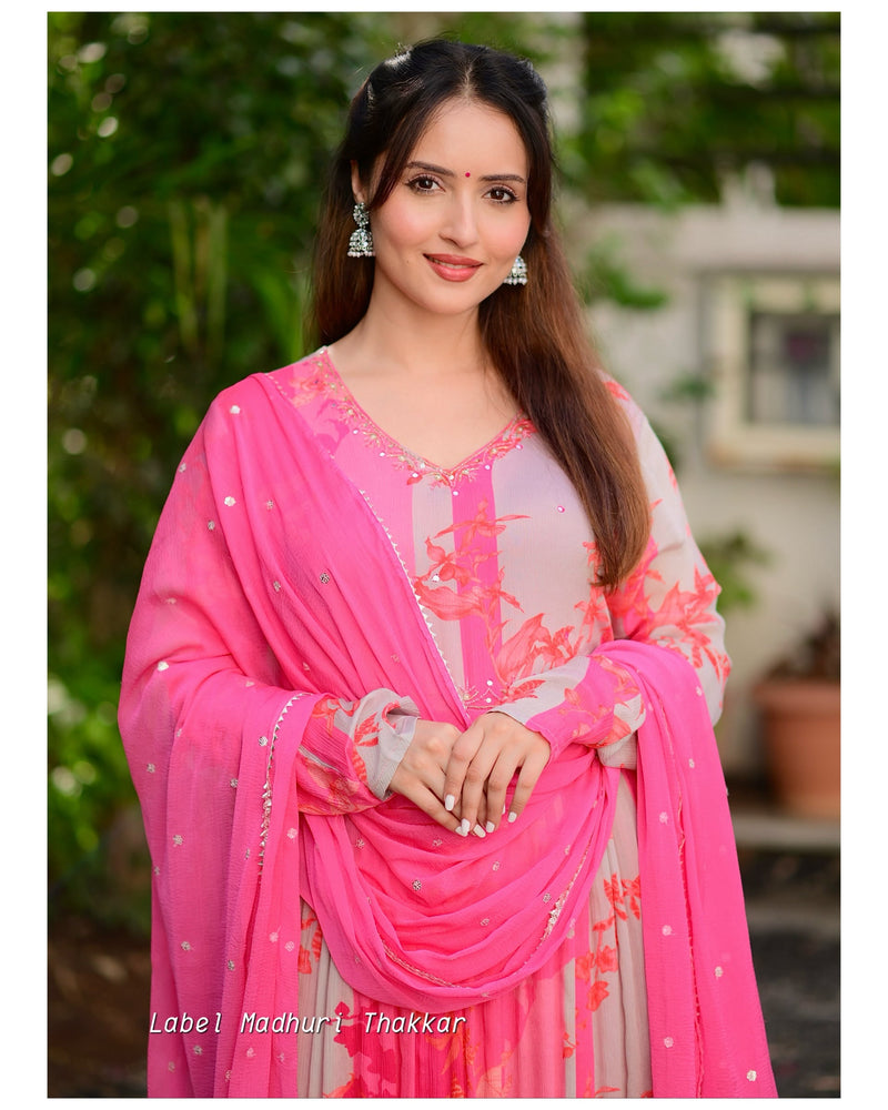 Shades of Pink Handwork Chinnon Suit