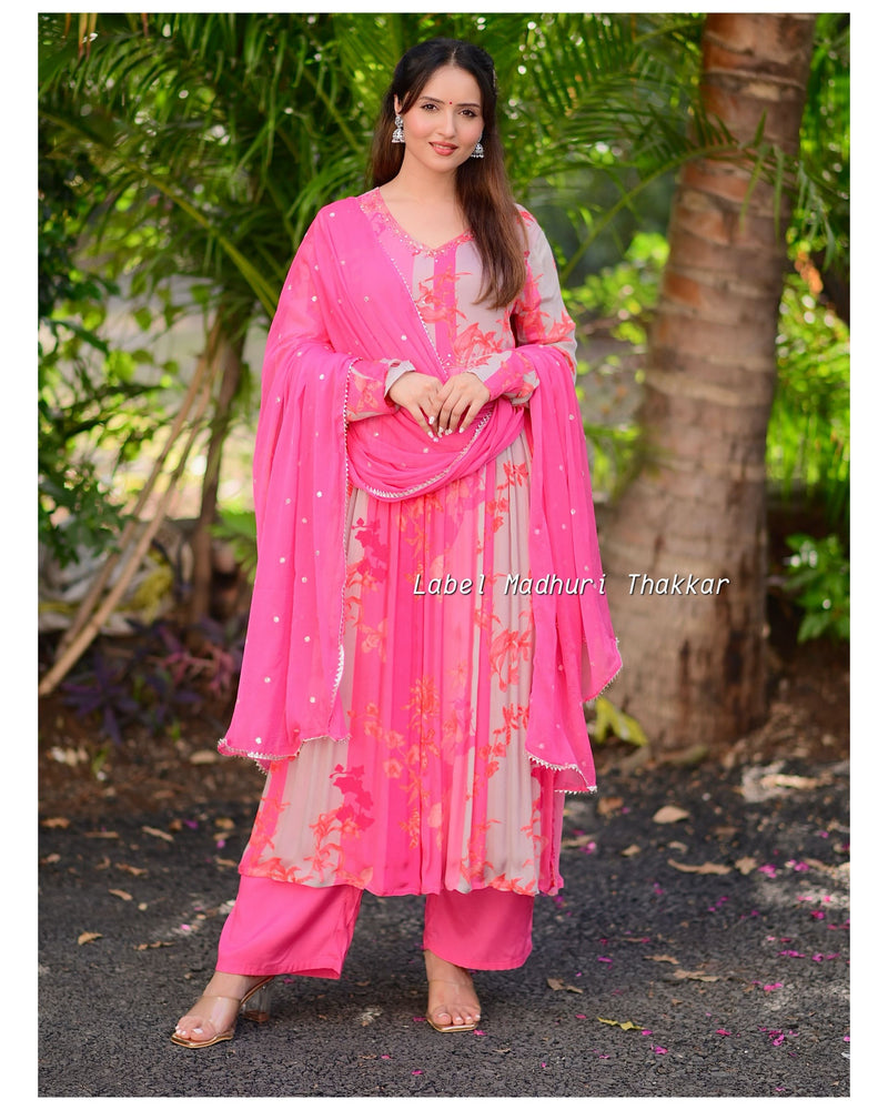 Shades of Pink Handwork Chinnon Suit