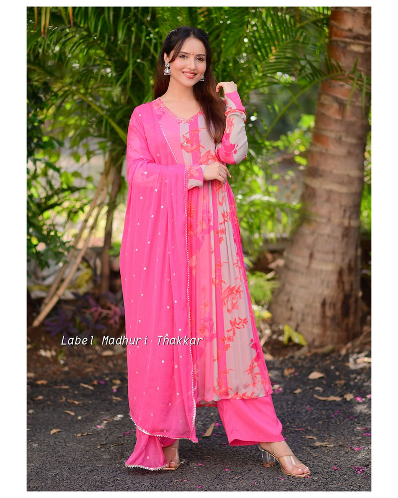 Shades of Pink Handwork Chinnon Suit
