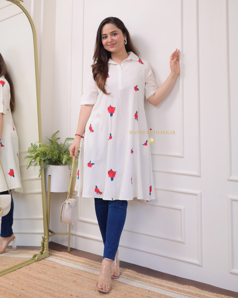 White Threadwork A Line Cotton Dress