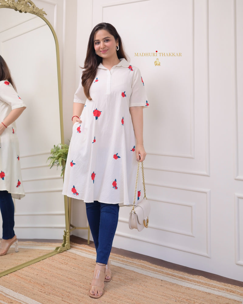 White Threadwork A Line Cotton Dress