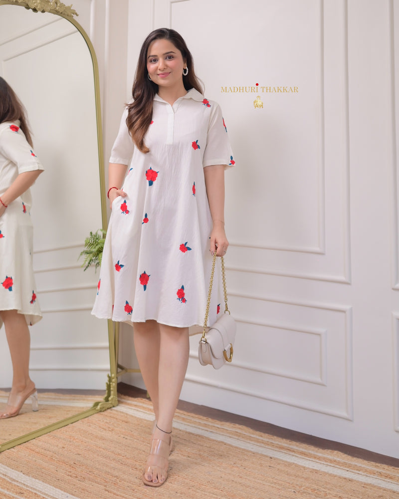 White Threadwork A Line Cotton Dress