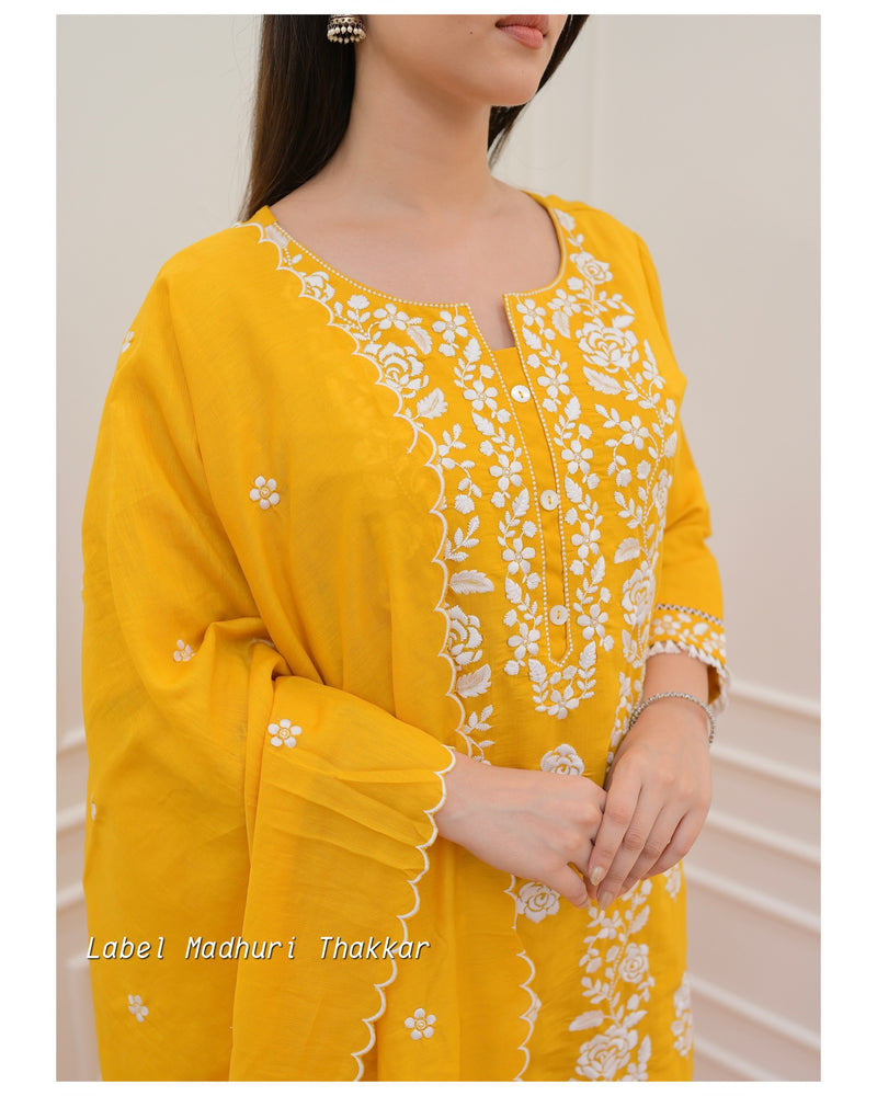 Mustard Yellow Chikankari Mul Cotton Suit