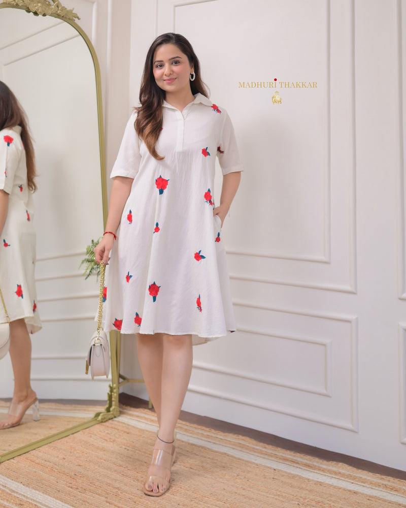 White Threadwork A Line Cotton Dress