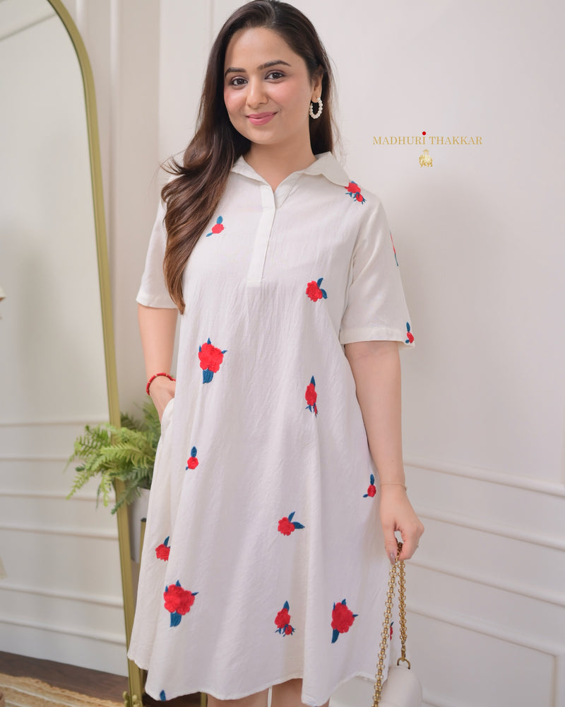 White Threadwork A Line Cotton Dress