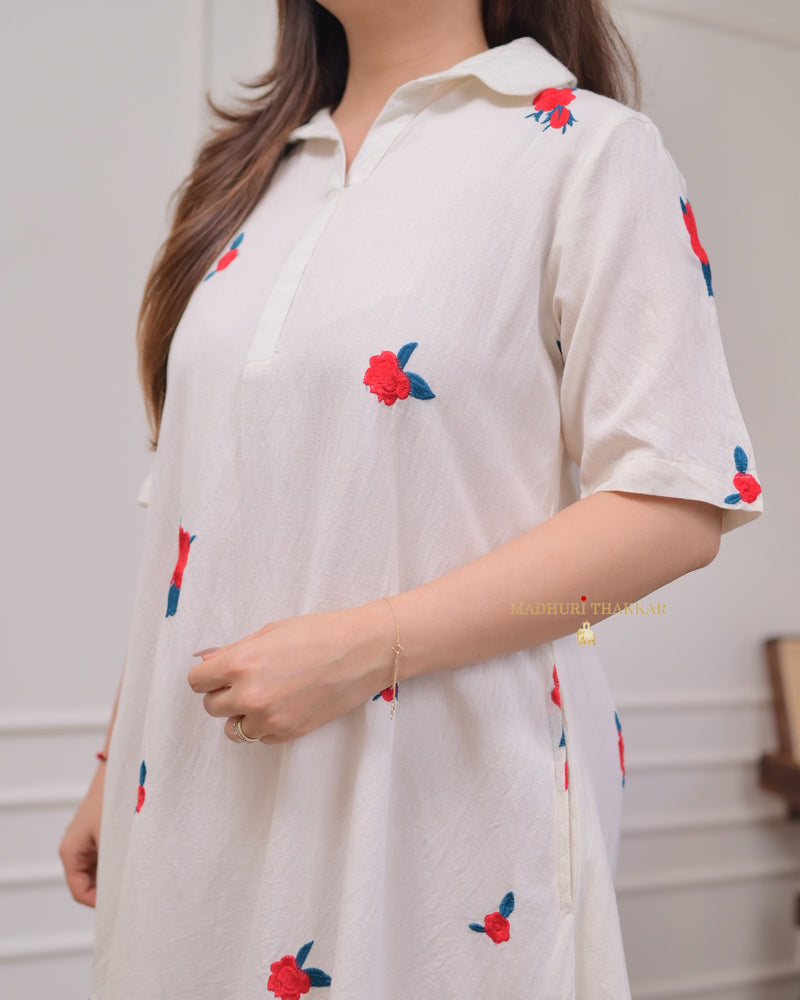 White Threadwork A Line Cotton Dress