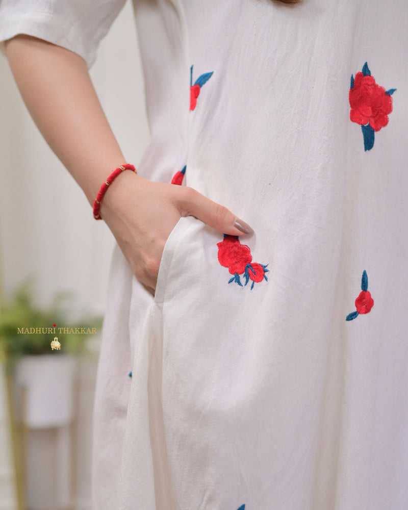 White Threadwork A Line Cotton Dress