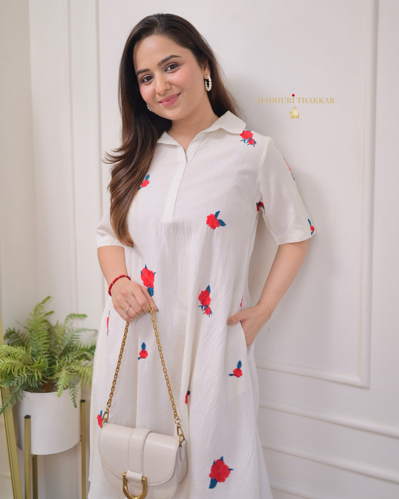 White Threadwork A Line Cotton Dress