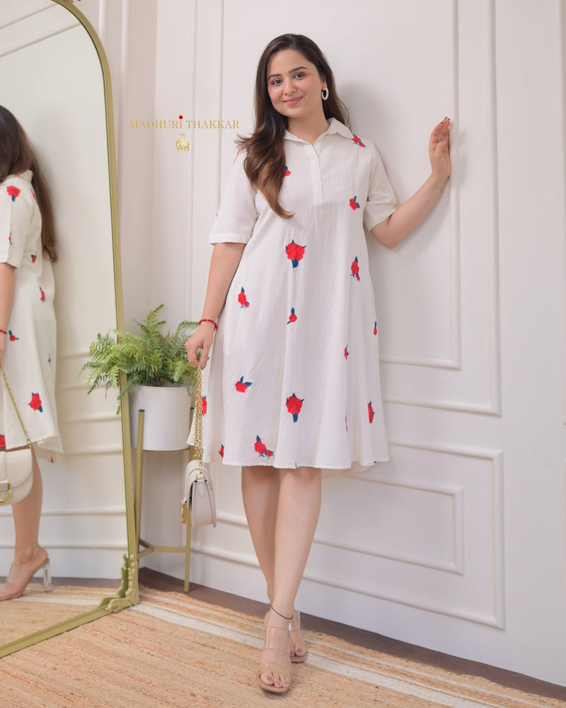 White Threadwork A Line Cotton Dress