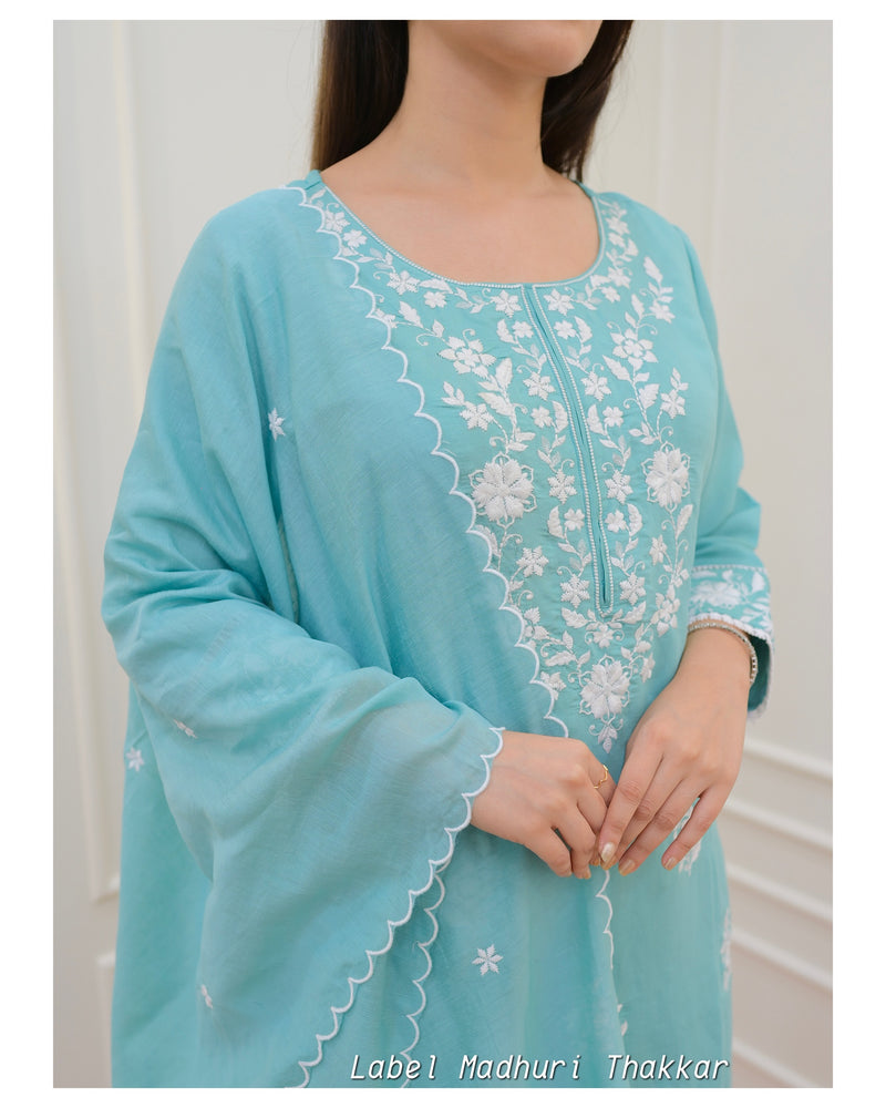 Turquoise Chikankari Mul Cotton Suit