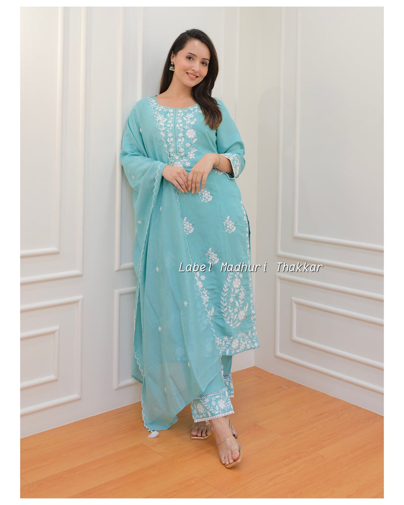 Turquoise Chikankari Mul Cotton Suit