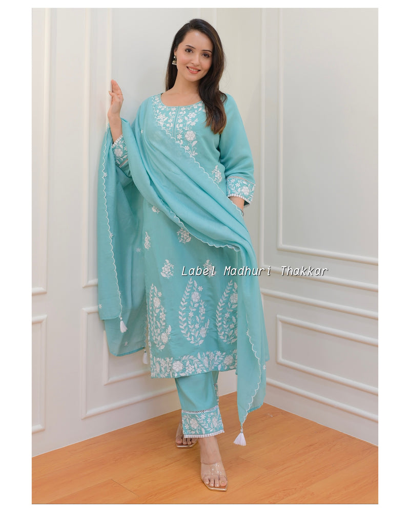 Turquoise Chikankari Mul Cotton Suit