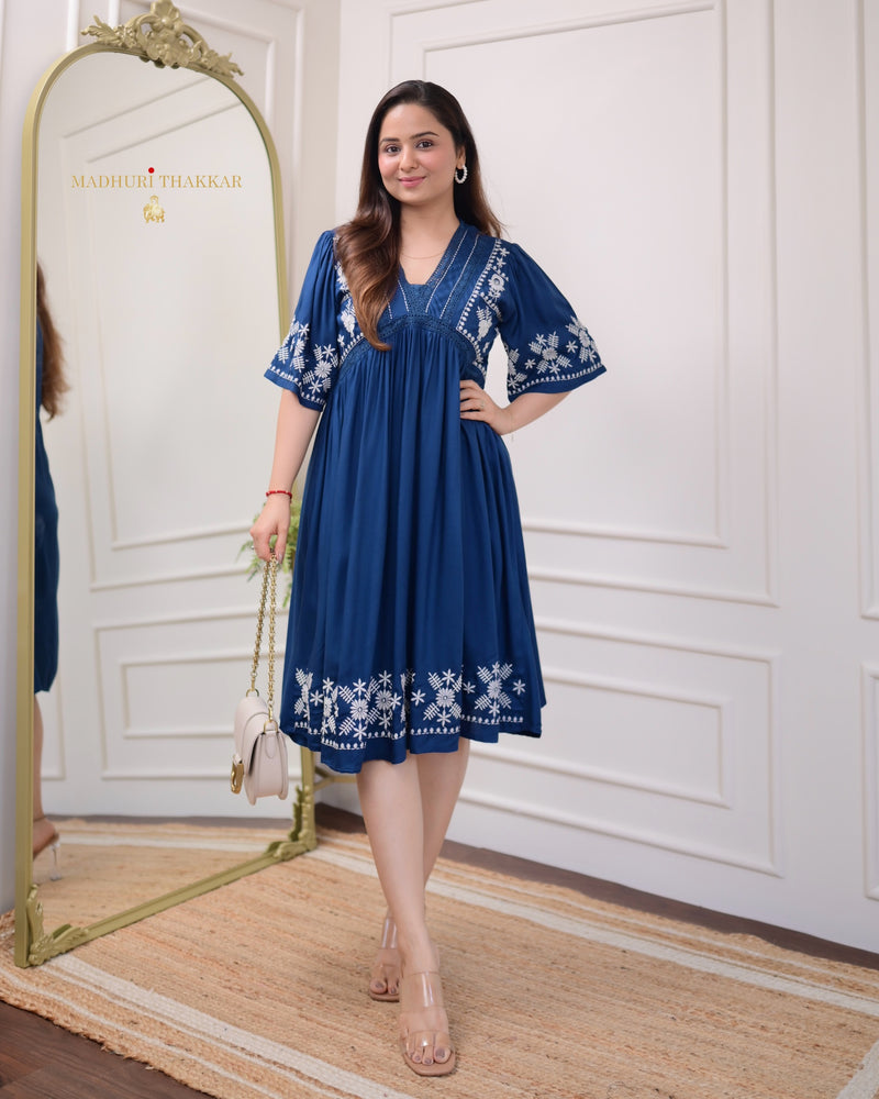 Navy Blue Thread Embroidered Dress