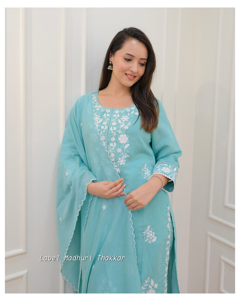Turquoise Chikankari Mul Cotton Suit