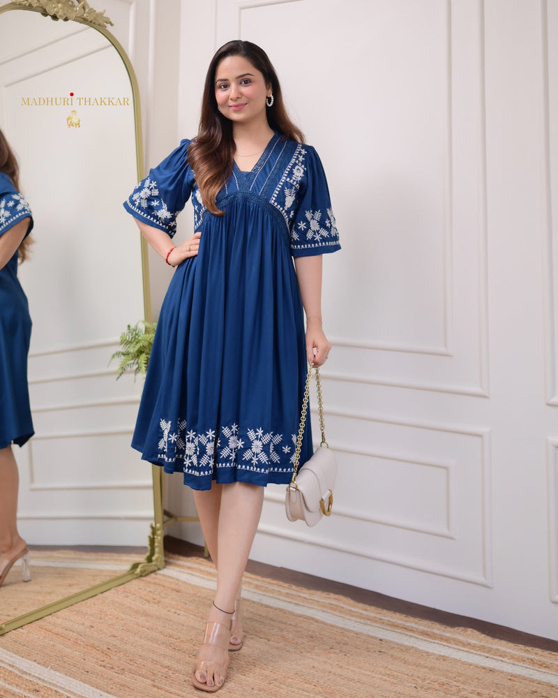 Navy Blue Thread Embroidered Dress