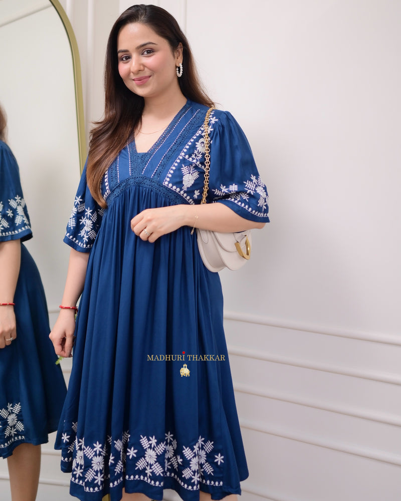 Navy Blue Thread Embroidered Dress