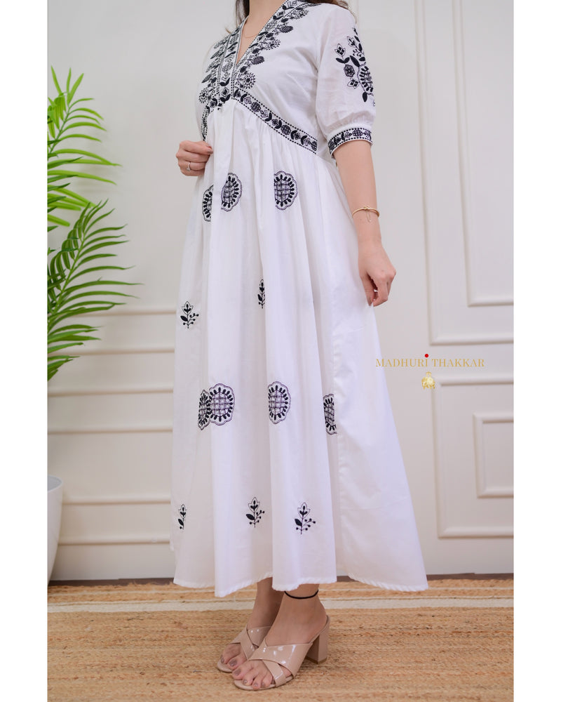 White Black Thread Embroidered A Line Cotton Maxi Dress For Women Label Madhuri Thakkar