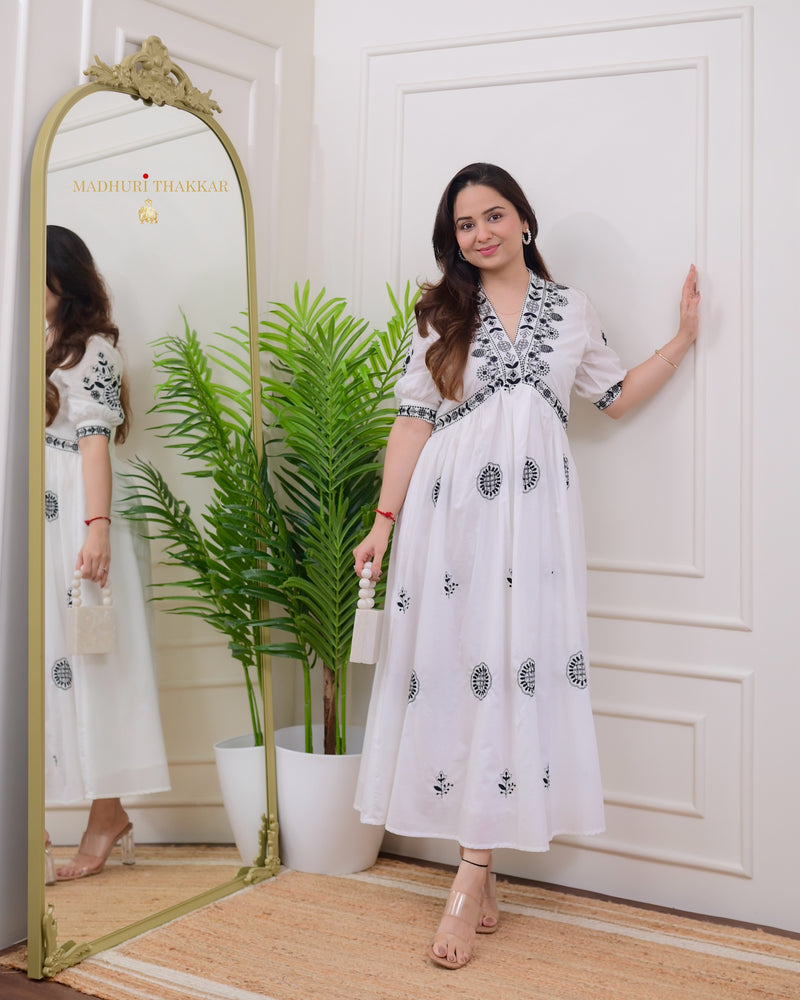 White - Black Thread Embroidered A-line Dress