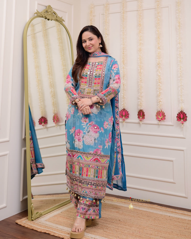 Blue Patchprint Handwork Crepe Suit