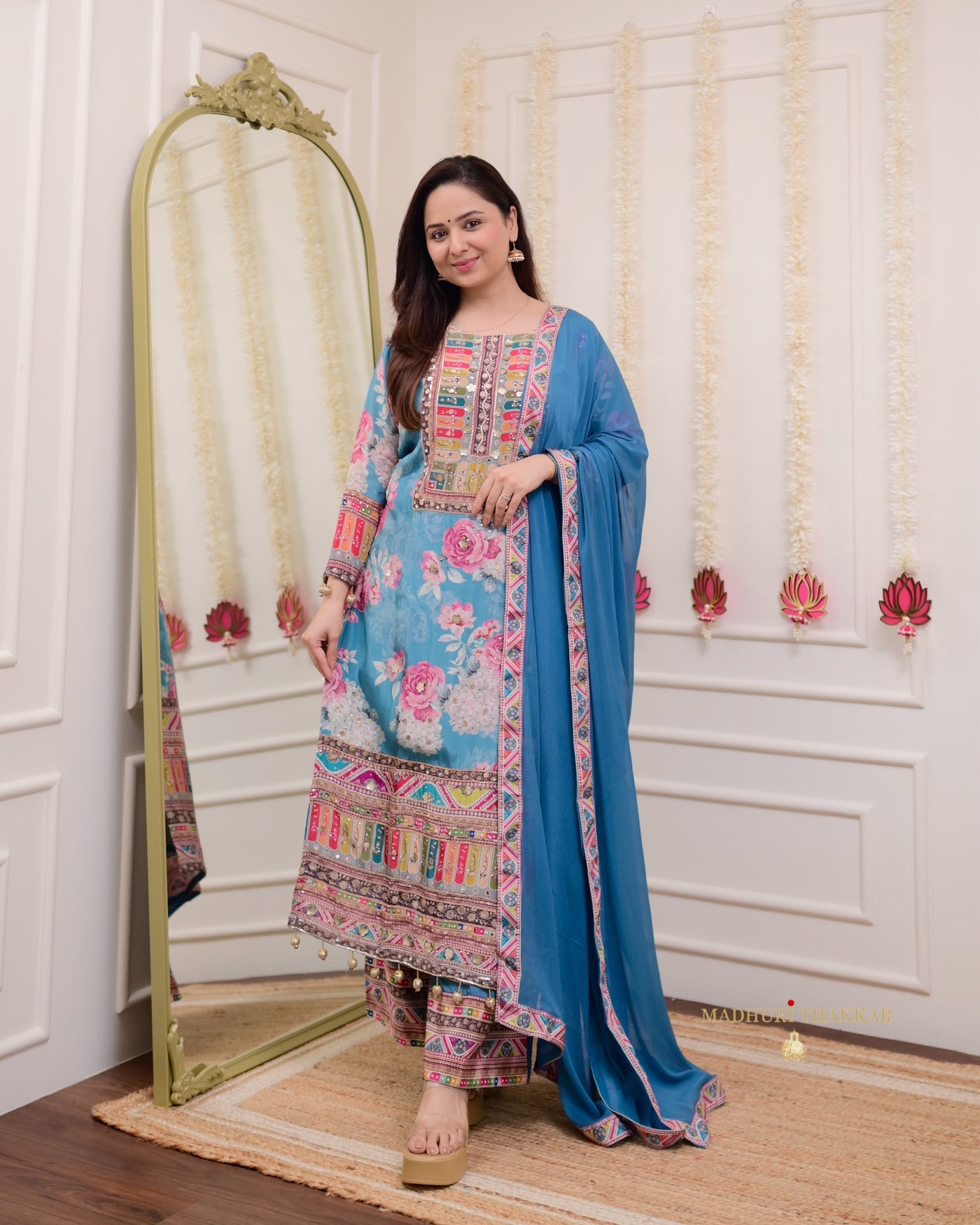 Blue Patchprint Handwork Crepe Suit