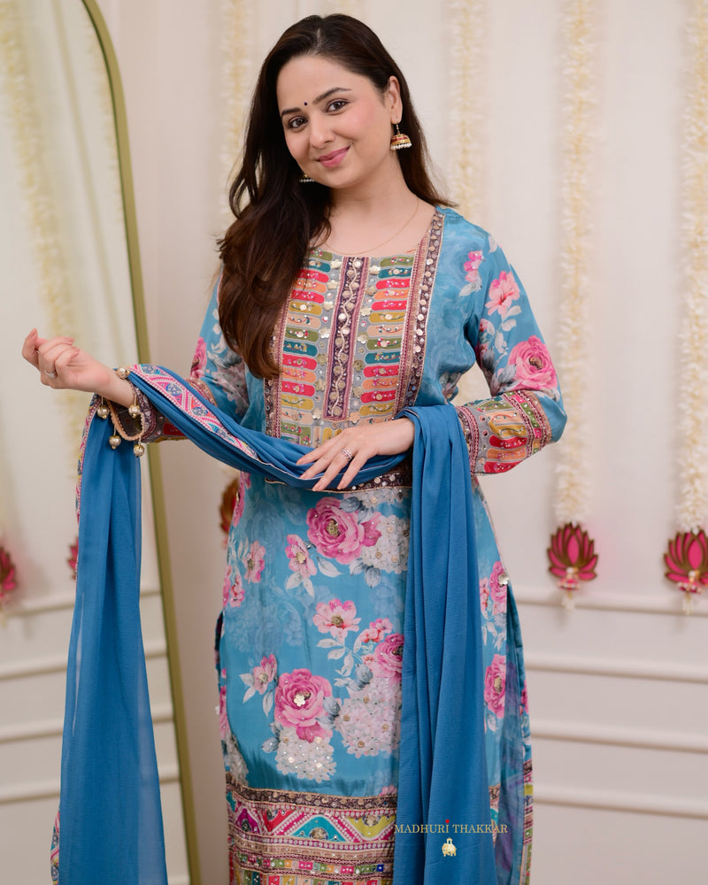 Blue Patchprint Handwork Crepe Suit