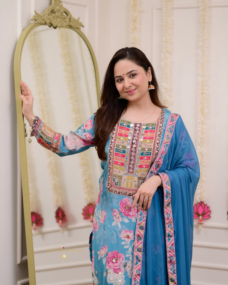 Blue Patchprint Handwork Crepe Suit
