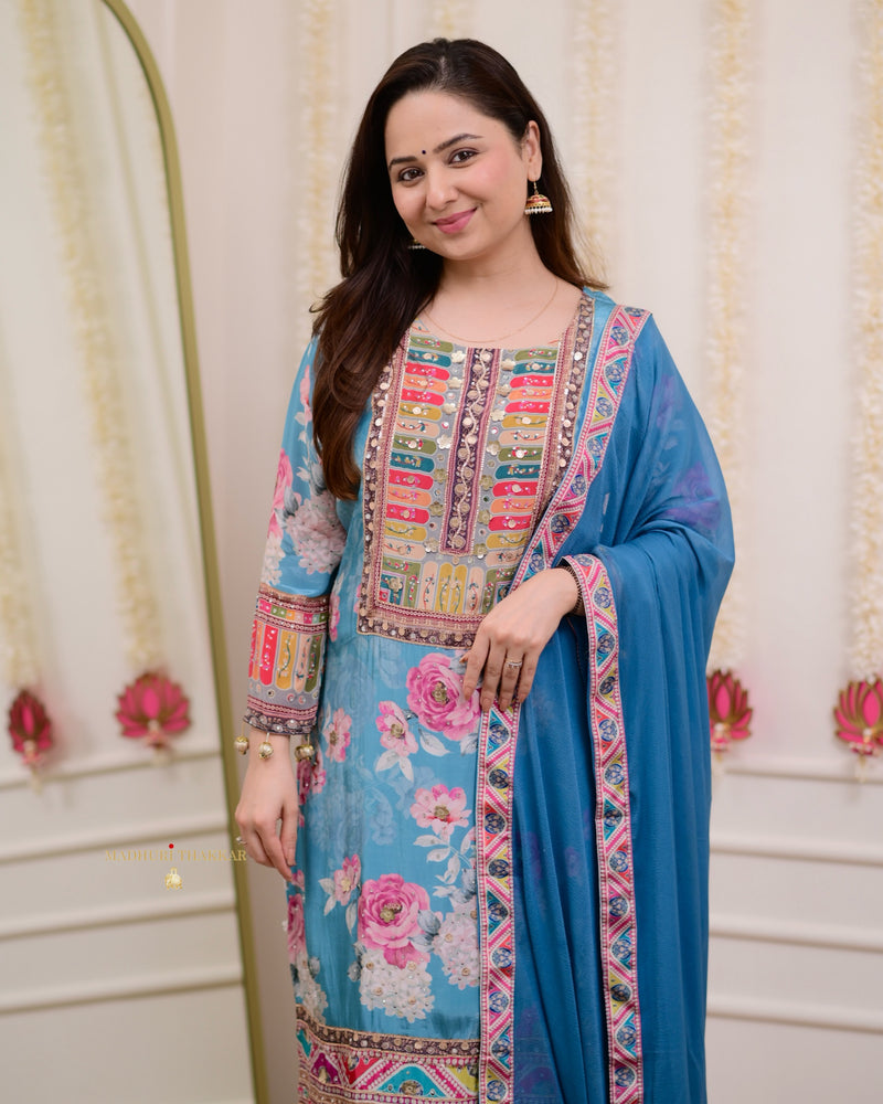 Blue Patchprint Handwork Crepe Suit