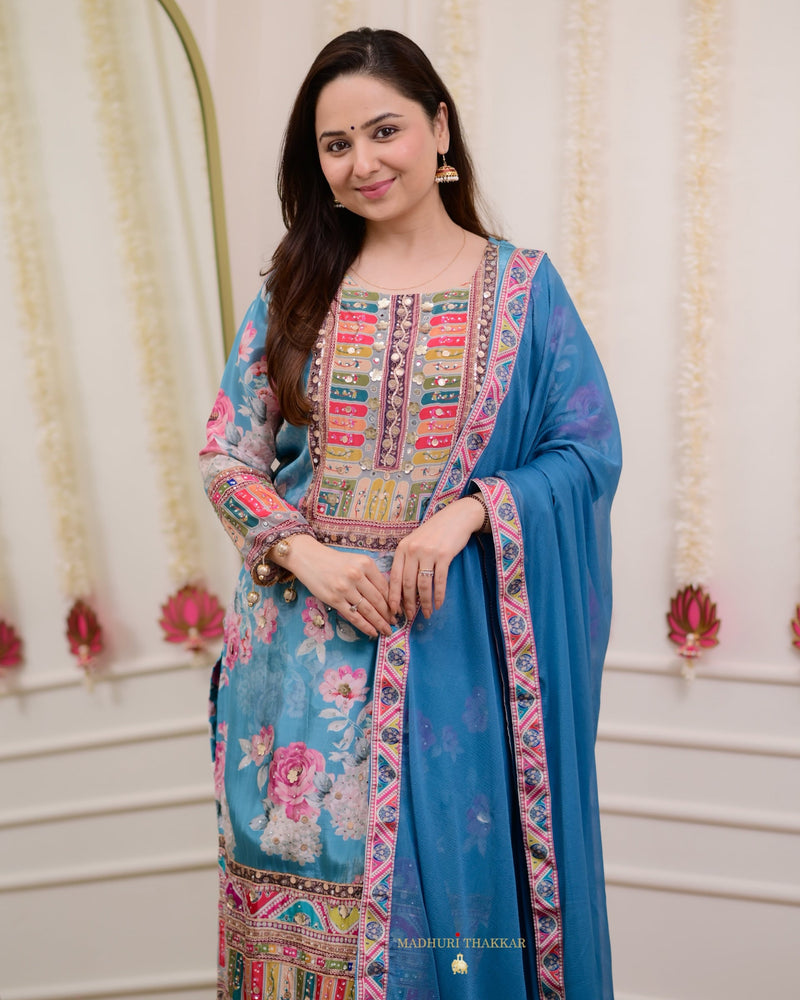 Blue Patchprint Handwork Crepe Suit