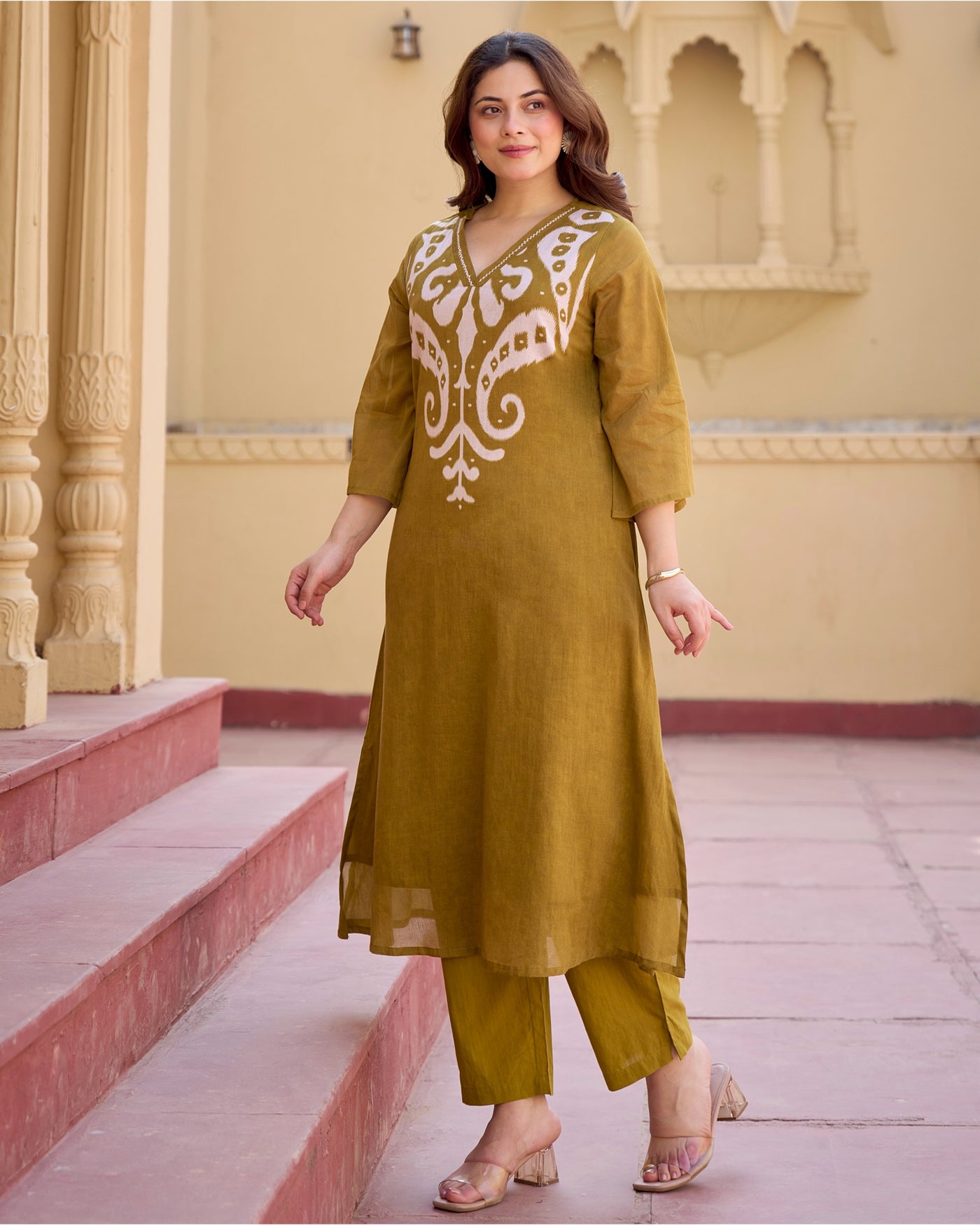 Olive Mustard Charm Mul Cotton A Line Kurta Set