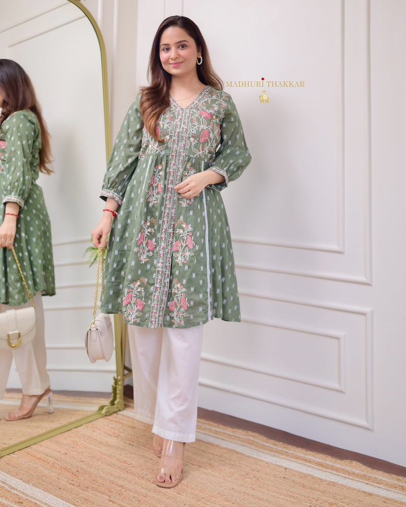 Bottle Green Thread Embroidered Cotton Dress