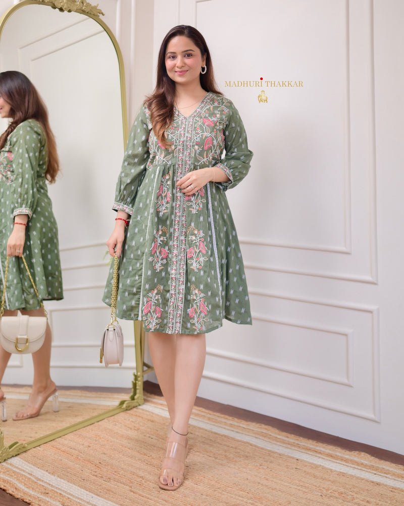 Bottle Green Thread Embroidered Cotton Dress