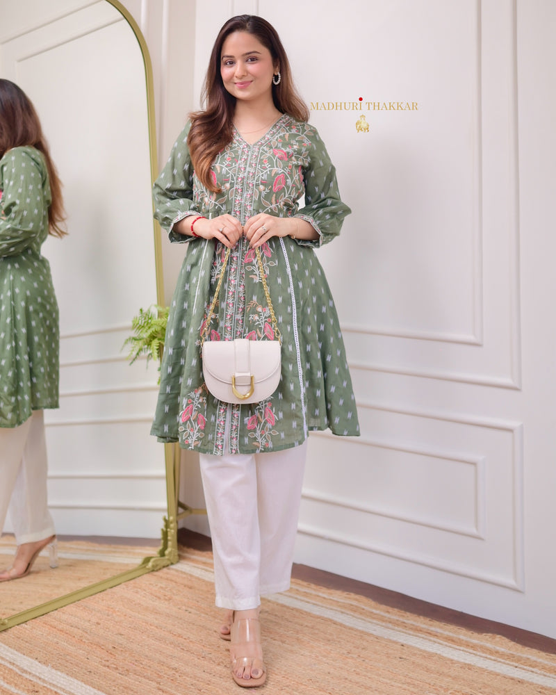 Bottle Green Thread Embroidered Cotton Dress