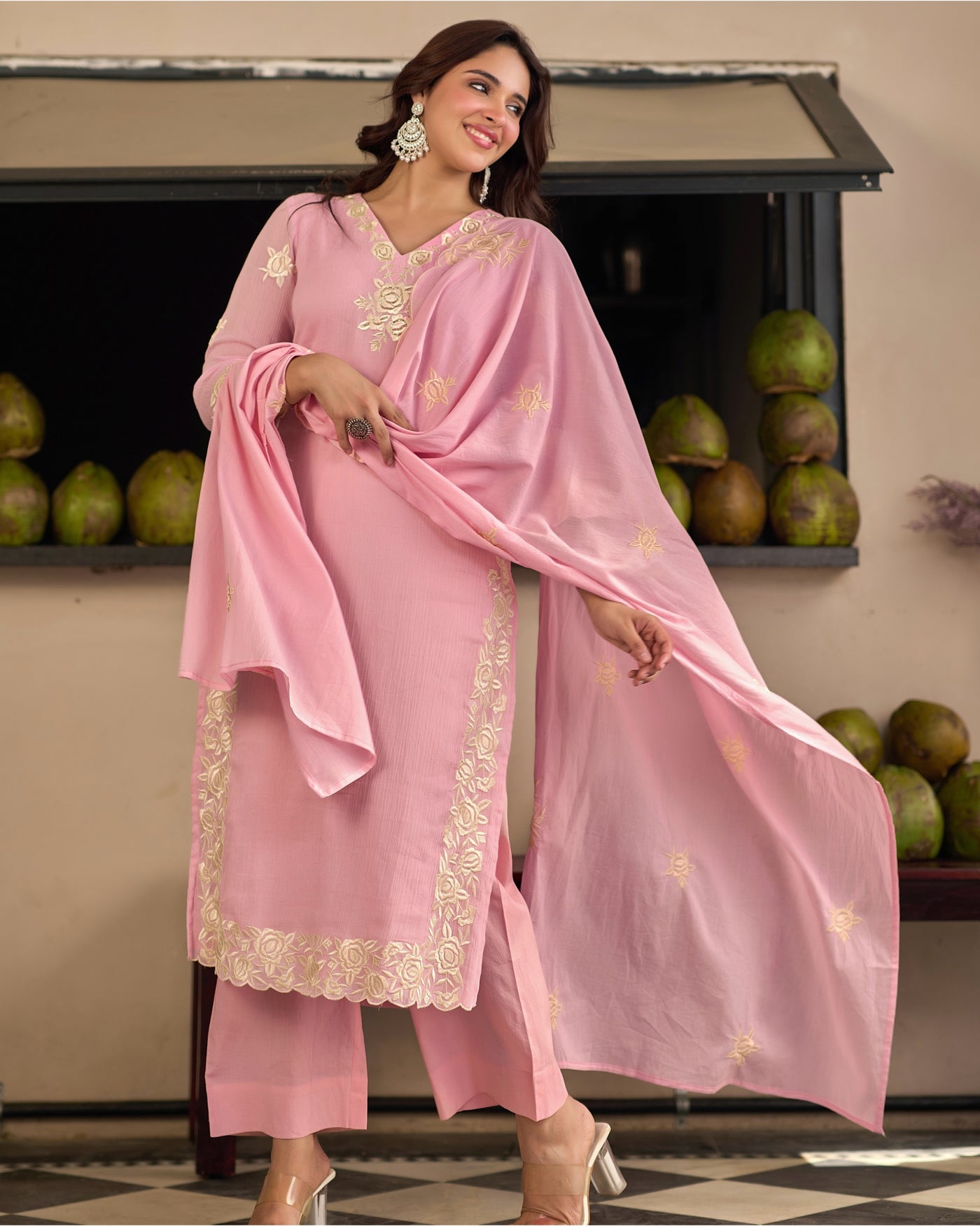 Blush Meher Blossom Handwork Cotton A Line Suit