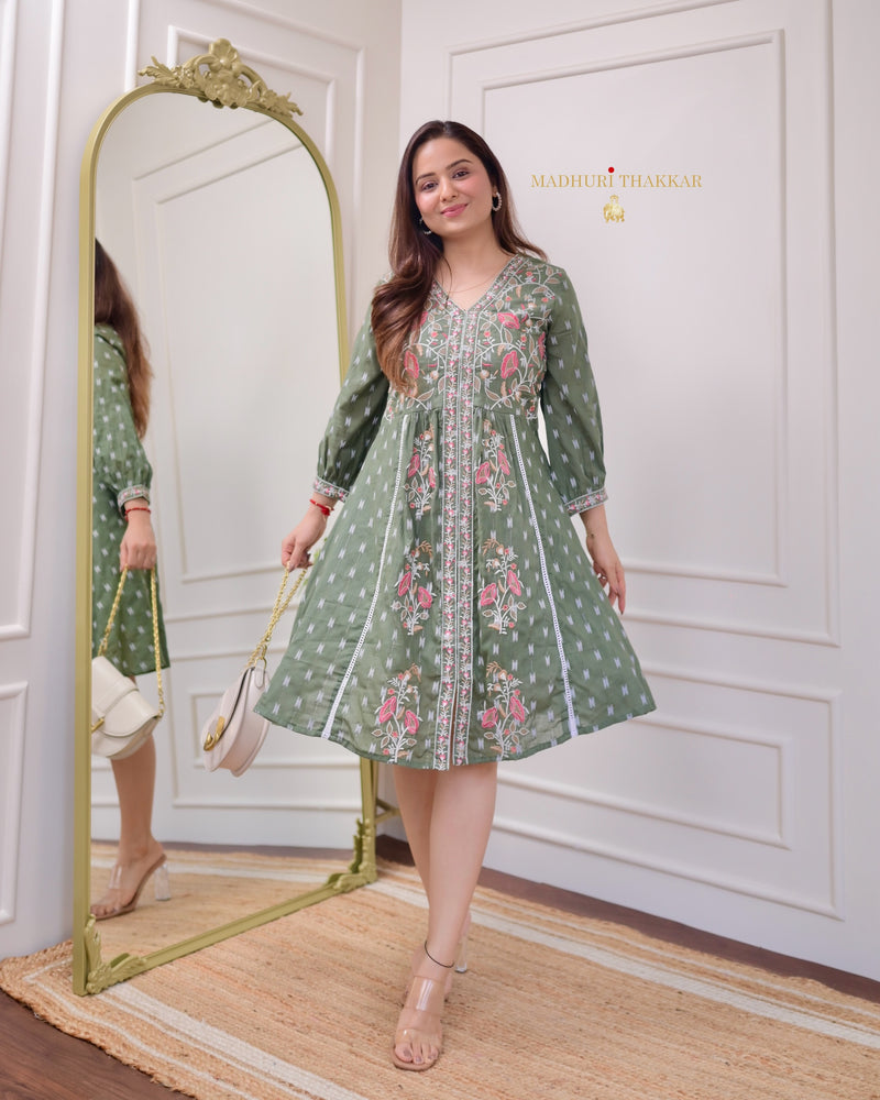 Bottle Green Thread Embroidered Cotton Dress