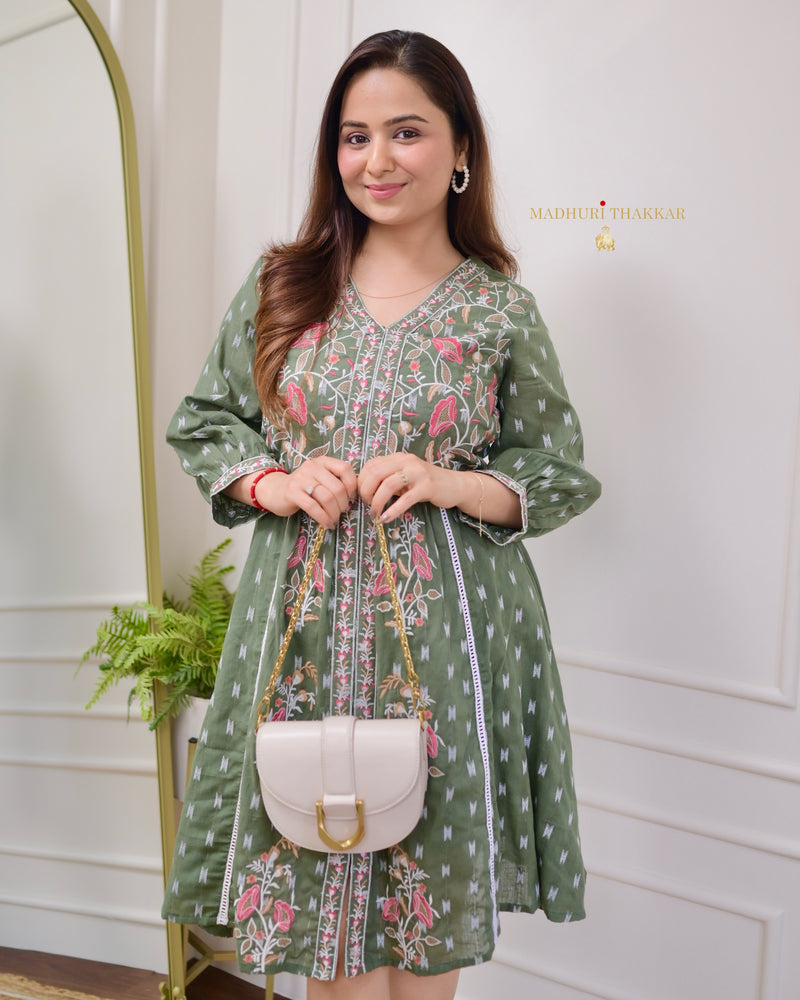 Bottle Green Thread Embroidered Cotton Dress
