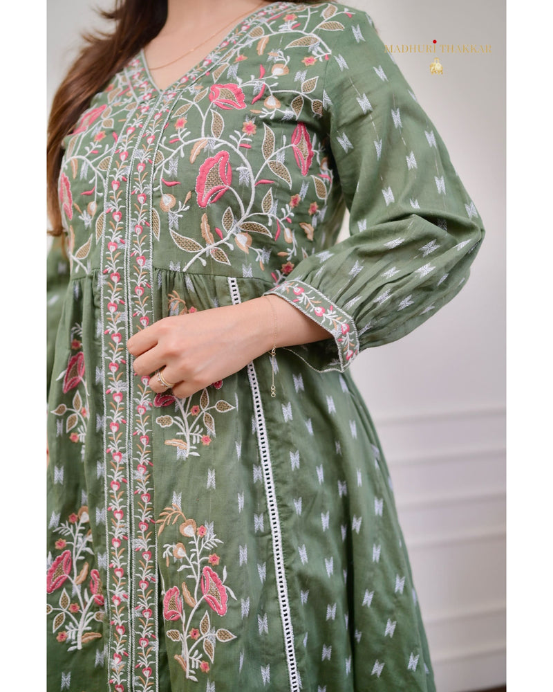 Bottle Green Thread Embroidered Cotton Dress