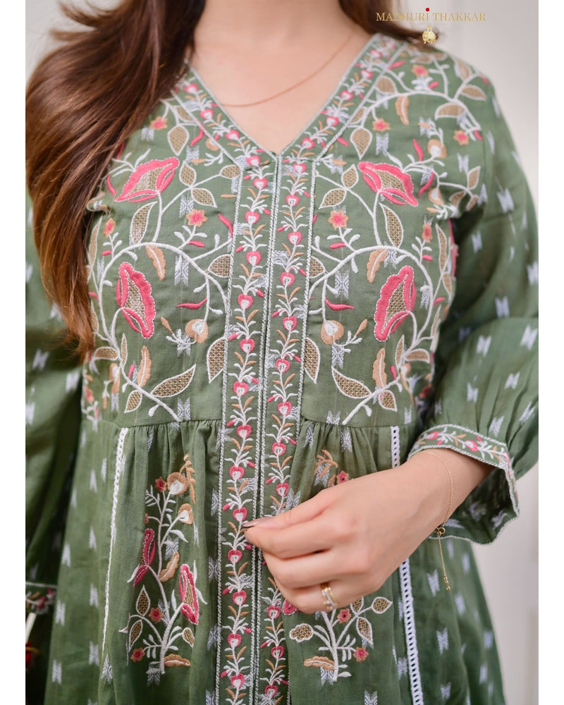Bottle Green Thread Embroidered Cotton Dress