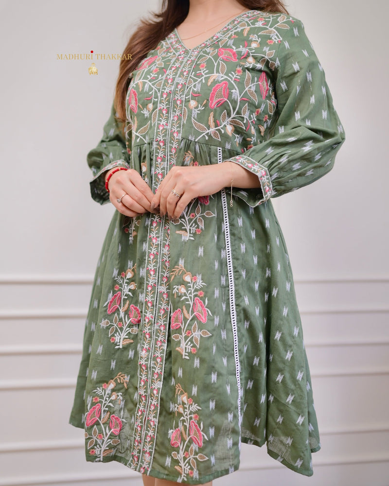 Bottle Green Thread Embroidered Cotton Dress